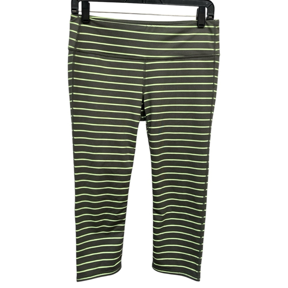 Athleta Moss Green and Chartreuse Striped Stretch Workout Capris Women's Medium
